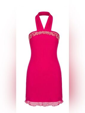 Fuchsia Halter Nightdress with Lace Trim
